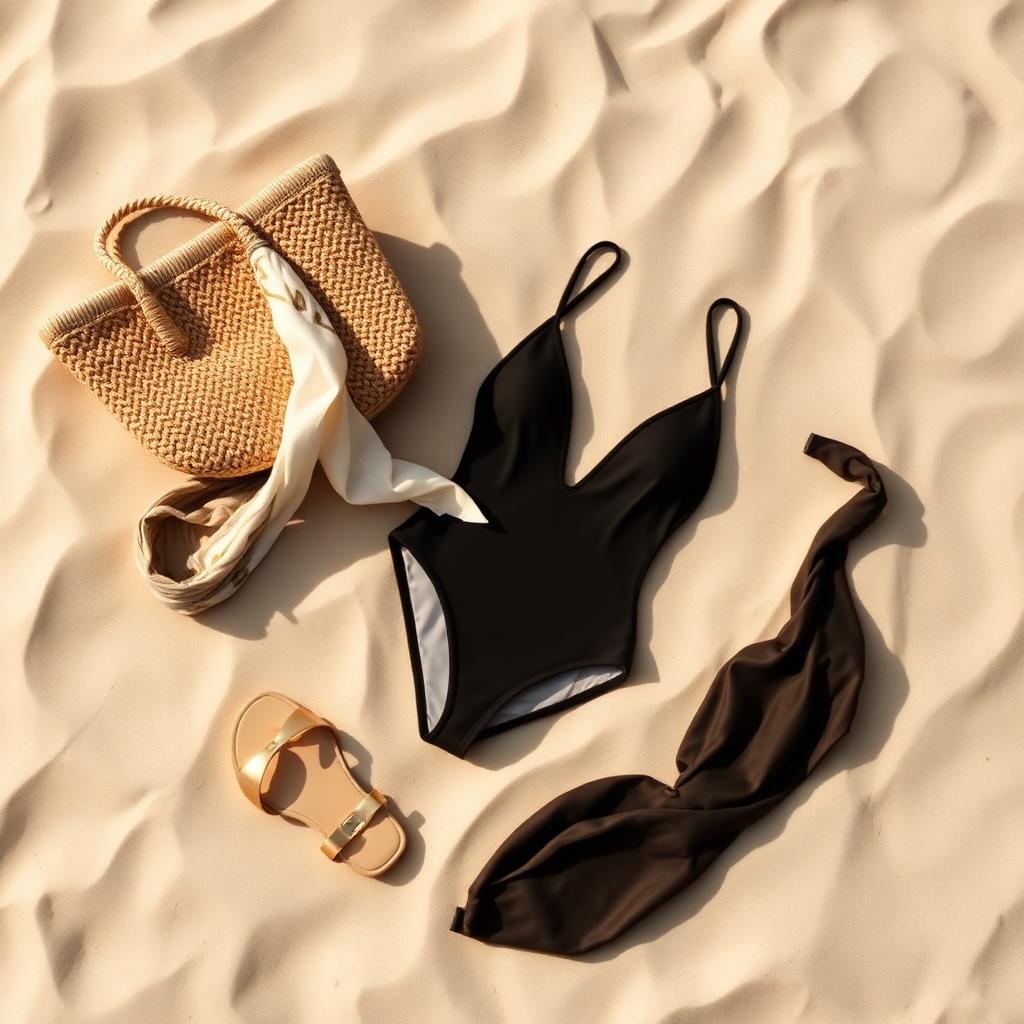 Swimsuit, raffia tote and gold sandals laid out on warm sand